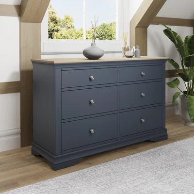 Furniture123 Midnight Grey Painted & Oak Wide 6 Drawer Chest-The Wickerman