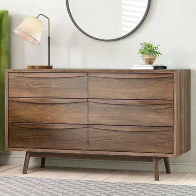 Furniture123 Wide Walnut Mid-Century Chest of 6 Drawers with Legs - Frances