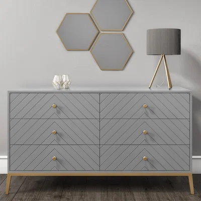 Furniture123 Ezra Chevron Wide 6 Drawer Chest of Drawers in Pale Grey