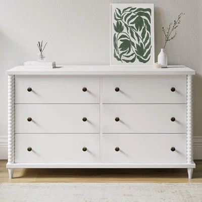 Furniture123 Wide White Bobbin Chest of 6 Drawers - Alma