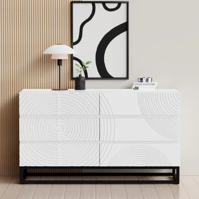 Furniture123 White 6 Drawer Wide Chest of Drawers with Curved Groove Detail - Erin