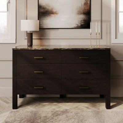 Furniture123 Wide Dark Wood Chest of 6 Drawers with Marble Top - Alessio