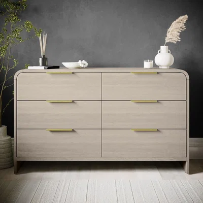 Furniture123 Wide Wooden Curved Chest of 6 Drawers - Rhea