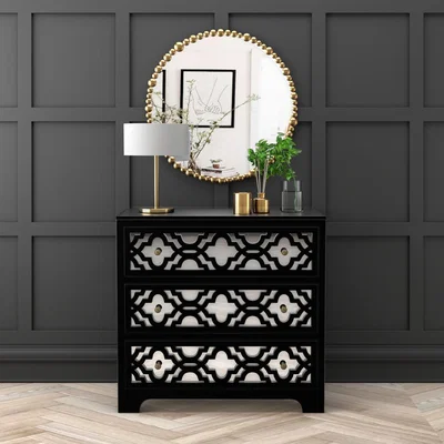 Furniture123 Alexis Mirrored 3 Drawer Chest of Drawers in Black with Carved Detail