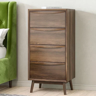 Furniture123 Tall Narrow Walnut Mid-Century Chest of 4 Drawers with Legs - Frances