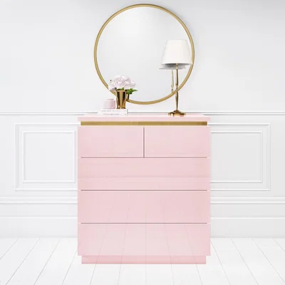 Furniture123 Pink High Gloss Tall Chest of Drawers with a Gold Trim - Isabella