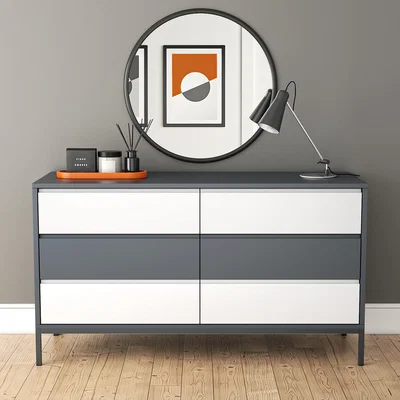 Furniture123 Grey Retro Wide Chest of 6 Drawers - Aiko