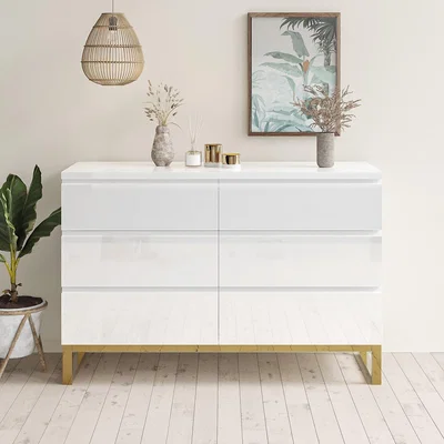 Furniture123 White Gloss 6 Drawer Wide Chest of Drawers - Alina