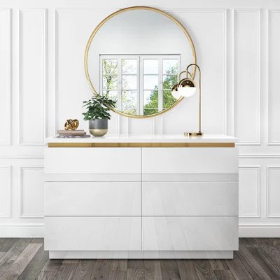 Furniture123 White High Gloss Wide Chest of Drawers with a Gold Trim - Isabella