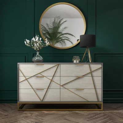 Furniture123 Zhara 6 Drawer Chest of Drawers in Grey with Gold Painted Wooden Trim