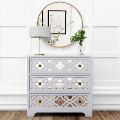 Furniture123 Alexis Mirrored 3 Drawer Chest of Drawers in Pale Grey with Carved Detail
