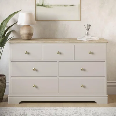 Furniture123 Wide Oak and Cream Chest of 7 Drawers - Alexander