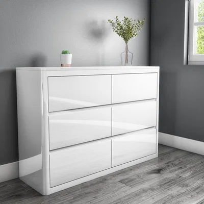 Furniture123 White High Gloss Wide Chest of 6 Drawers with Curved Edges - Lexi