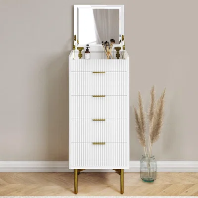 Furniture123 Tall White High Gloss Chest of 5 Drawers with Mirror - Valencia