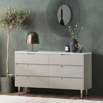 Furniture123 Taupe Wide Chest of 6 Drawers with Marble Top - Lorenzo