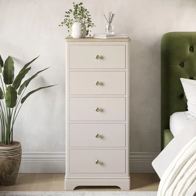 Furniture123 Tall Narrow Oak and Cream Chest of 5 Drawers - Alexander