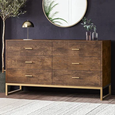 Furniture123 Aubrey Walnut 6 Drawer Wide Chest of Drawers with Gold Legs