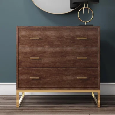 Furniture123 GRADE A1 - Aubrey Walnut 3 Drawer Chest of Drawers with Gold Legs