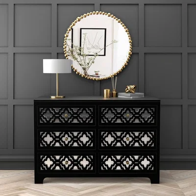Furniture123 Black Mirrored 6 Drawer Chest of Drawers with Carved Detail - Alexis