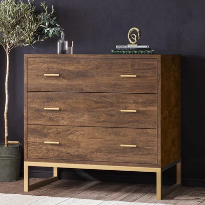 Furniture123 Aubrey Walnut 3 Drawer Chest of Drawers with Gold Legs