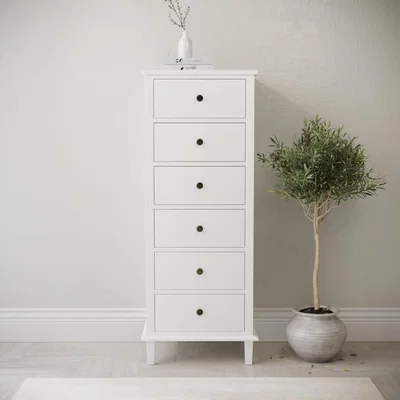 Furniture123 Tall Narrow White Wooden Chest of 6 Drawers - Marlowe