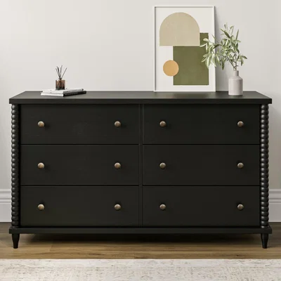 Furniture123 Wide Black Bobbin Chest of 6 Drawers - Alma