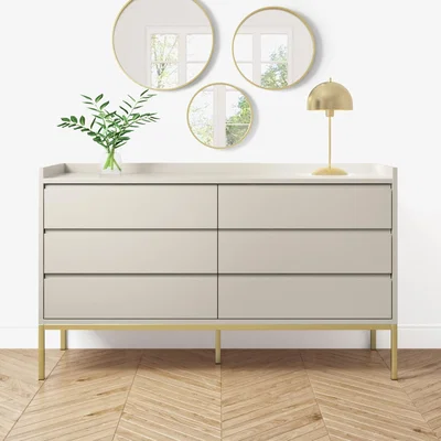 Furniture123 Taupe Wide Chest of 6 Drawers with Gold Legs - Zion