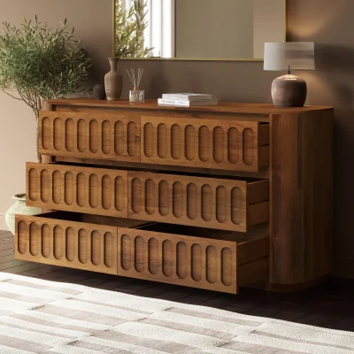 Furniture123 Wide Dark Wood Curved 6 Drawer Chest of Drawers - Fully Assembled - Meena