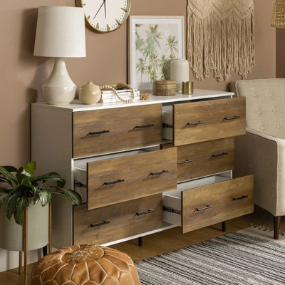 Furniture123 Modern Wood 6-Drawer Buffet - White/Rustic Oak