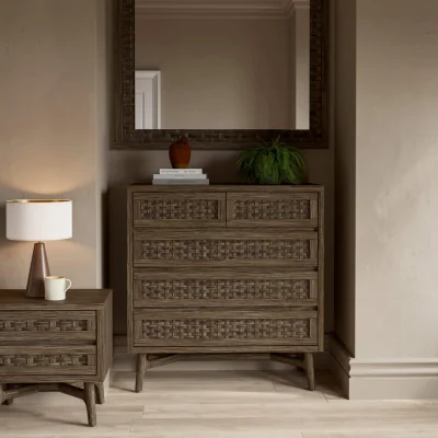 Feather & Black Jensen Chest of Drawers, Dark Wood / Rattan