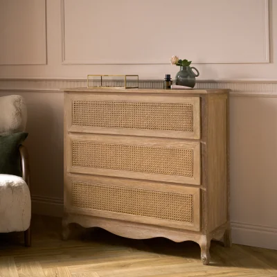 Feather & Black Sienna Beau Rattan 3 Drawer Chest, Weathered Oak / Rattan