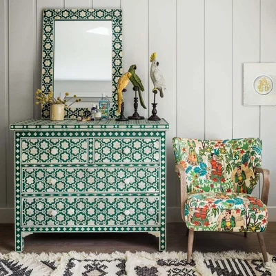 Graham & Green Jade Green Floral Bone Inlay Chest of Drawers