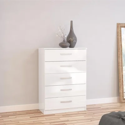 Happy Beds Lynx - 5 Drawer Chest - White - Wooden - Happy Beds