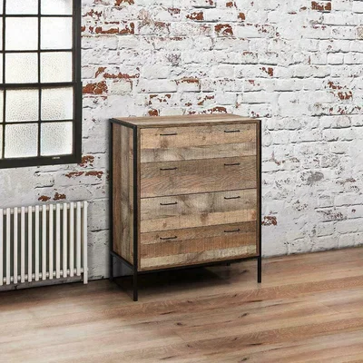 Happy Beds Urban Rustic - 4 Drawer Chest - Oak/Black - Wooden/Metal - Happy Beds