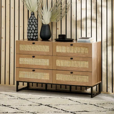 Happy Beds Padstow - 6 Drawer Chest - Oak - Wooden/Rattan - Happy Beds
