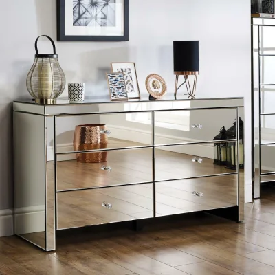 Happy Beds Seville - Mirrored 6 Drawer Wide Chest - Mirror - Mirror/Glass - Happy Beds