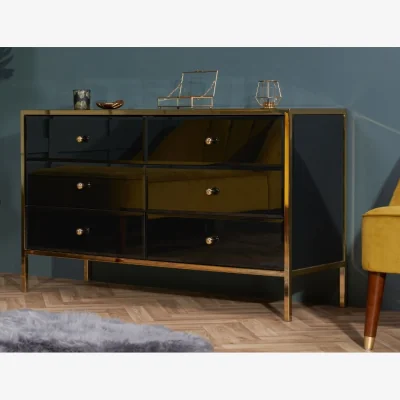 Happy Beds Fenwick - 6 Drawer Chest - Black/Gold - Glass/Metal - Happy Beds