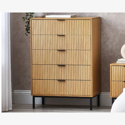 Happy Beds Sia – 5 Drawer Chest of Drawers – Oak/Black – Wood/Metal - Happy Beds