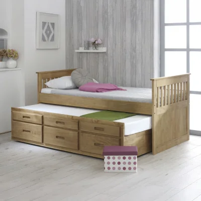Happy Beds Captains - Single - High Foot-End Guest Bed - Storage and Underbed Trundle - Waxed Pine - Wooden - 3ft - Happy Beds