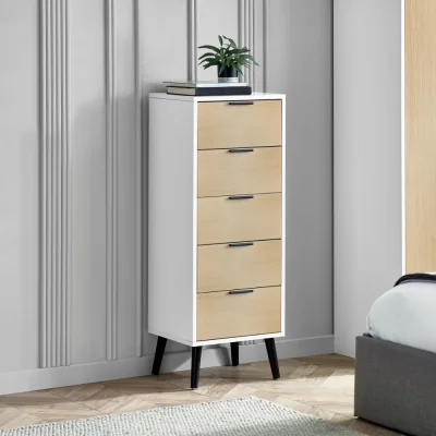 Happy Beds Alba – 5-Drawer Narrow Chest of Drawers – White and Oak – Lacquered MDF - Happy Beds