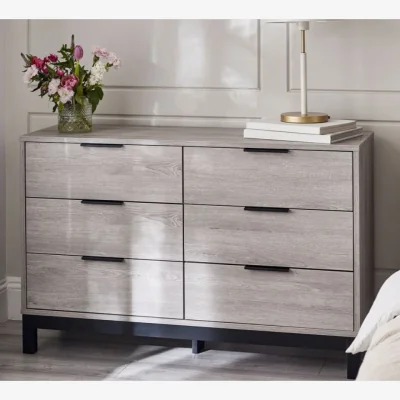 Happy Beds Bali – 6-Drawer Wide Chest of Drawers – Grey Oak – Wooden - Happy Beds