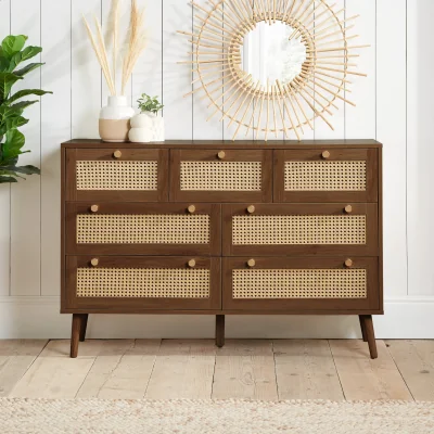 Happy Beds Croxley - 7 Drawer Chest of Drawers - Walnut - Rattan - Wooden - Happy Beds