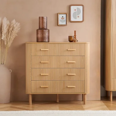 Happy Beds Axel - 5 Drawer Fluted Chest of Drawers - Oak - Wooden - Happy Beds