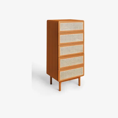 John Lewis John Lewis Rattan Cherry 5 Drawer Tallboy Chest, Brown