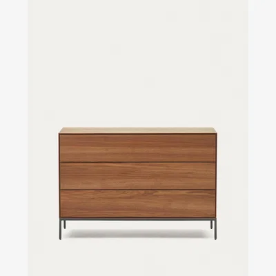 Kave Home Vedrana 3 drawer chest of drawers in walnut veneer with black steel legs, 110 x 75 cm