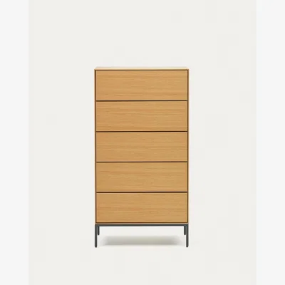 Kave Home Vedrana 5 drawer chest of drawers in oak veneer with black steel legs, 60 x 114 cm