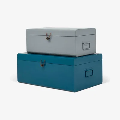 Made.com Daven Set of 2 Metal Storage Box Trunks, Teal & Grey