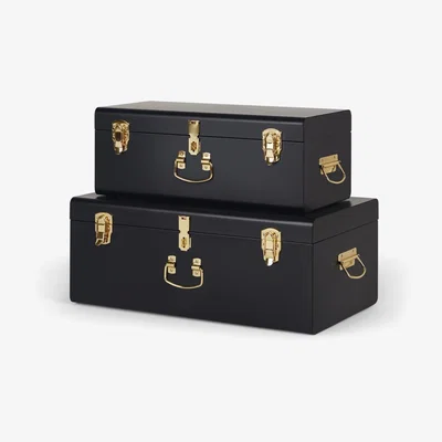 Made.com Gunner Set of 2 Metal Trunks, Matt Black & Brass