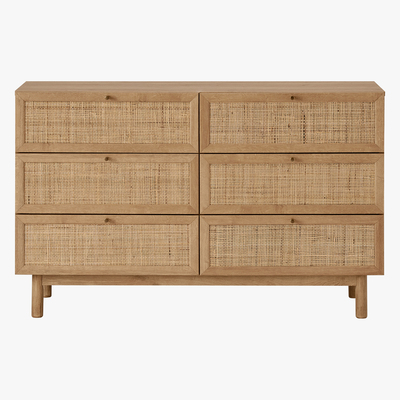 Made.com Pavia Wide Chest of Drawers, Natural Rattan & Oak Effect