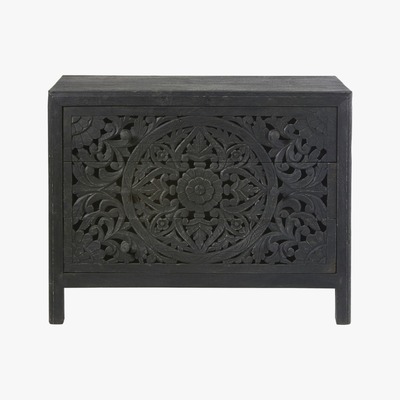 Maisons du Monde Black Carved Solid Mango Wood 3-Drawer Chest Kerala